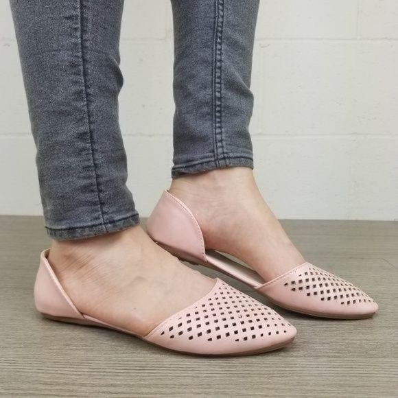 Pointed Toe Perforated Faux Leather Pink Flats - Picture 3 of 8